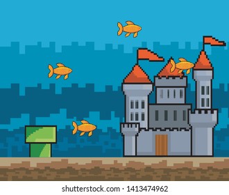 Arcade game world and pixel scene design  vector illustration