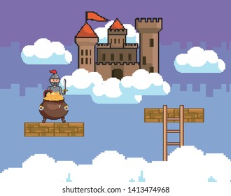 Arcade game world and pixel scene design  vector illustration
