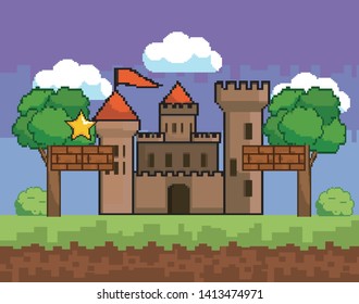 Arcade game world and pixel scene design  vector illustration