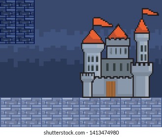 Arcade game world and pixel scene design  vector illustration