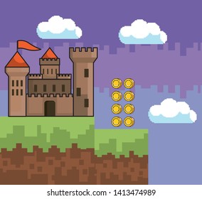 Arcade game world and pixel scene design  vector illustration