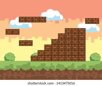 Arcade game world and pixel scene design  vector illustration