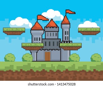 Arcade game world and pixel scene design  vector illustration