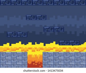 Arcade game world and pixel scene design  vector illustration