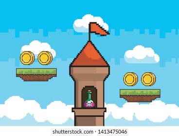 Arcade game world and pixel scene design  vector illustration