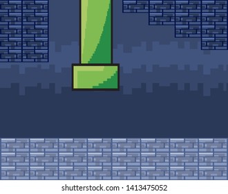 Arcade game world and pixel scene design  vector illustration
