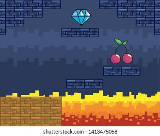 Arcade game world and pixel scene design  vector illustration