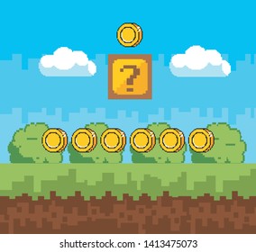 Arcade game world and pixel scene design  vector illustration