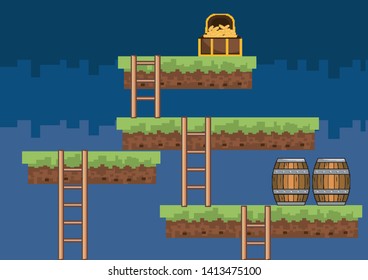 Arcade game world and pixel scene design  vector illustration