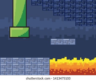 Arcade game world and pixel scene design  vector illustration