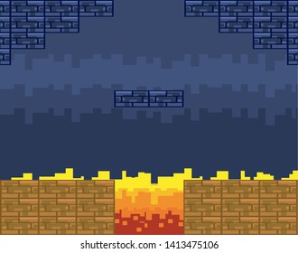 Arcade game world and pixel scene design  vector illustration