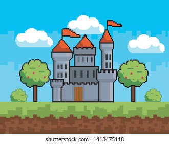 Arcade game world and pixel scene design  vector illustration