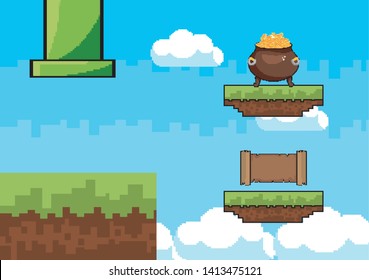 Arcade game world and pixel scene design  vector illustration