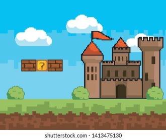 Arcade game world and pixel scene design  vector illustration