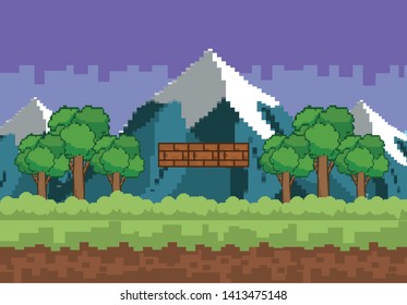 Arcade game world and pixel scene design  vector illustration