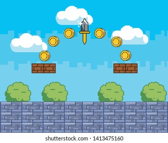 Arcade game world and pixel scene design  vector illustration