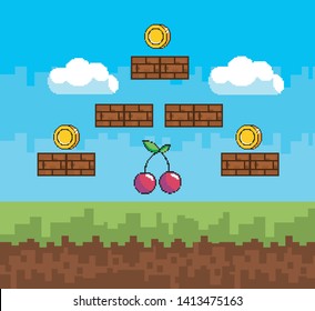 Arcade game world and pixel scene design  vector illustration