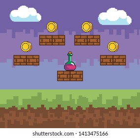 Arcade game world and pixel scene design  vector illustration