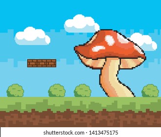 Arcade game world and pixel scene design  vector illustration