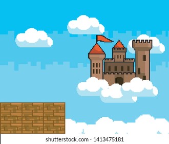 Arcade game world and pixel scene design  vector illustration