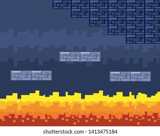 Arcade game world and pixel scene design  vector illustration