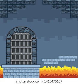 Arcade game world and pixel scene design  vector illustration