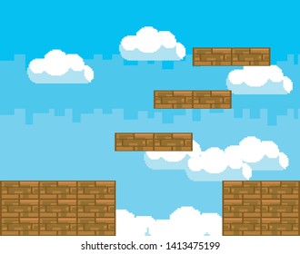 Arcade game world and pixel scene design  vector illustration