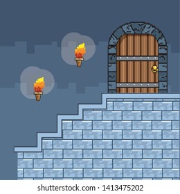 Arcade game world and pixel scene design  vector illustration