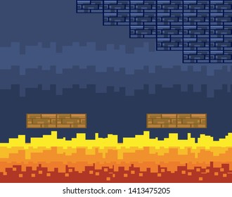 Arcade game world and pixel scene design  vector illustration