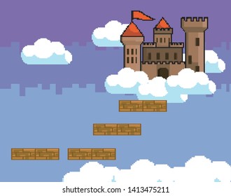 Arcade game world and pixel scene design  vector illustration