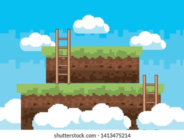 Arcade game world and pixel scene design  vector illustration