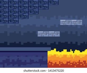 Arcade game world and pixel scene design  vector illustration