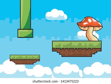 Arcade game world and pixel scene design  vector illustration