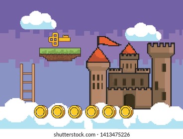 Arcade game world and pixel scene design  vector illustration