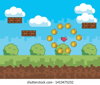Arcade game world and pixel scene design  vector illustration