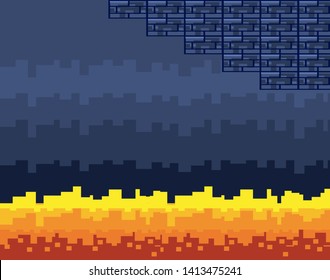 Arcade game world and pixel scene design  vector illustration