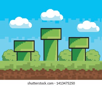 Arcade game world and pixel scene design  vector illustration