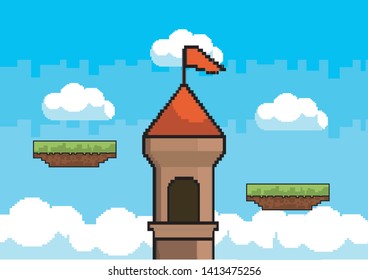 Arcade game world and pixel scene design  vector illustration