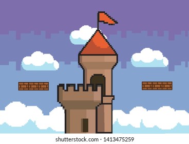 Arcade game world and pixel scene design  vector illustration