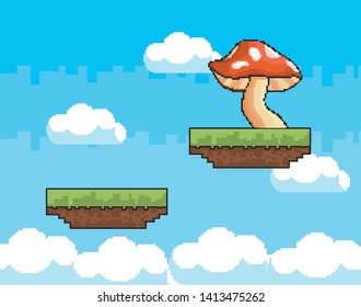 Arcade game world and pixel scene design  vector illustration