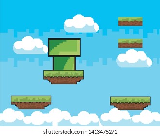 Arcade game world and pixel scene design  vector illustration