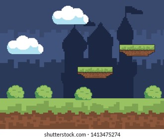 Arcade game world and pixel scene design  vector illustration