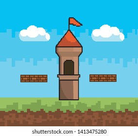 Arcade game world and pixel scene design  vector illustration