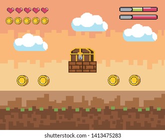 Arcade game world and pixel scene design  vector illustration