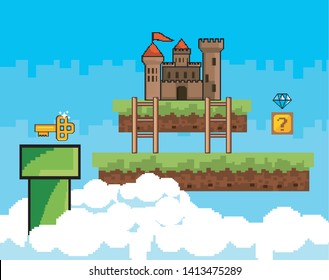 Arcade game world and pixel scene design  vector illustration