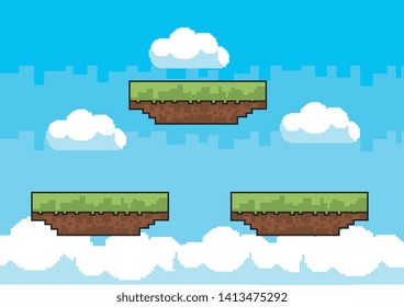 Arcade game world and pixel scene design  vector illustration