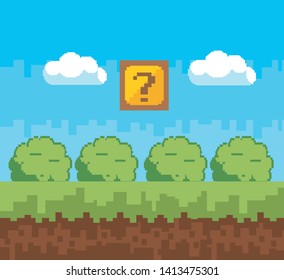 Arcade game world and pixel scene design  vector illustration