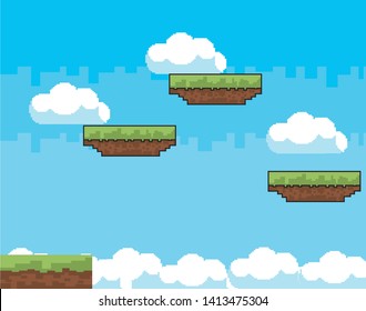 Arcade game world and pixel scene design  vector illustration