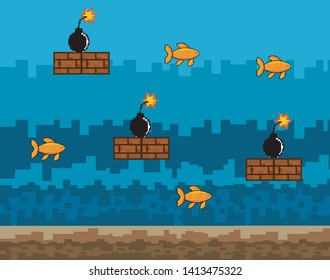 Arcade game world and pixel scene design  vector illustration