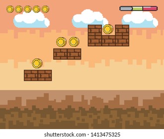 Arcade game world and pixel scene design  vector illustration